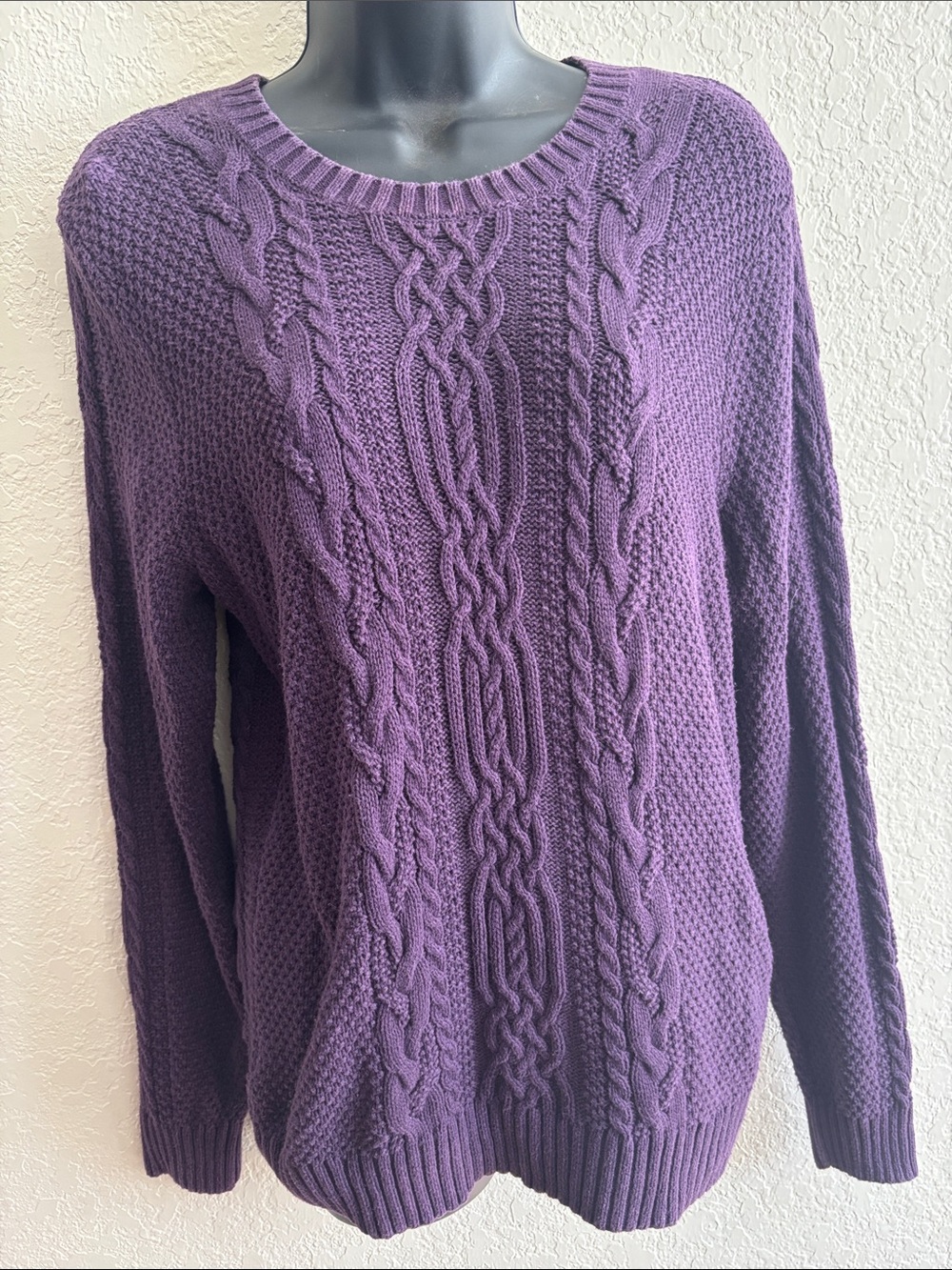 JEANNE PIERRE Purple Cable-Knit Crewneck Sweater